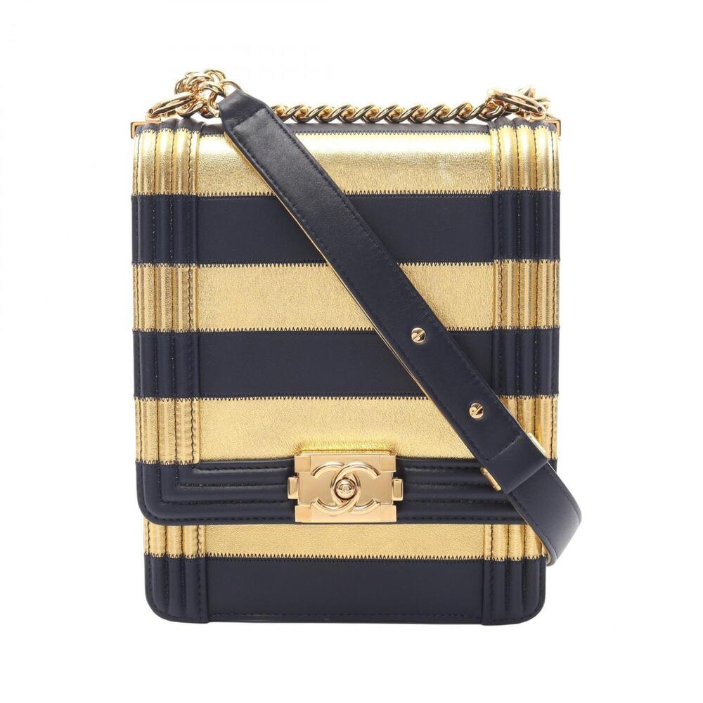 Chanel Boy North-South Border Shoulder Bag/Handbag, Lambskin Leather, Women's...